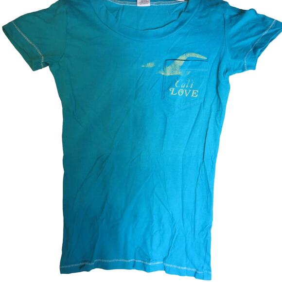 VINTAGE HOLLISTER Cali Love T Shirt Size XS Bird Logo Pocket Beach Blue Y2K - Picture 1 of 4